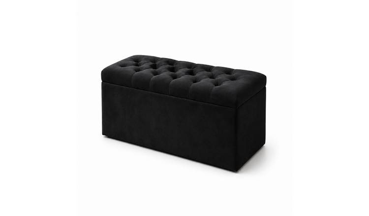 Comfy Deluxe Chesterfield Plush Velvet Storage Ottoman – Black