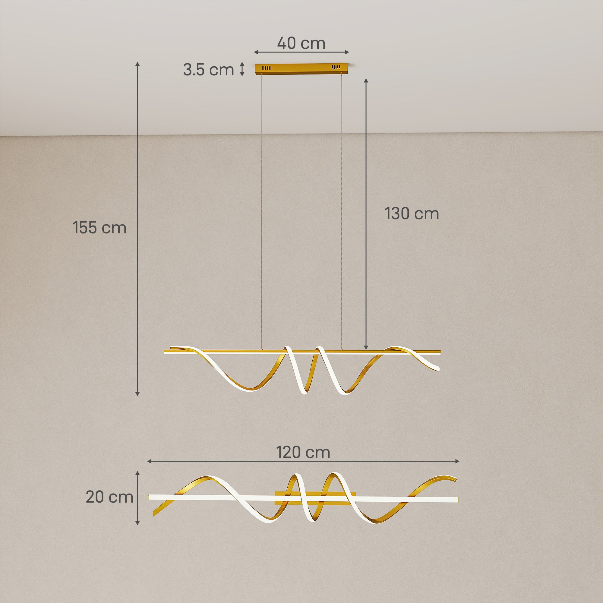 HOMCOM LED Dimmable Height Adjustable Pendant Light - Gold Tone - Image 3