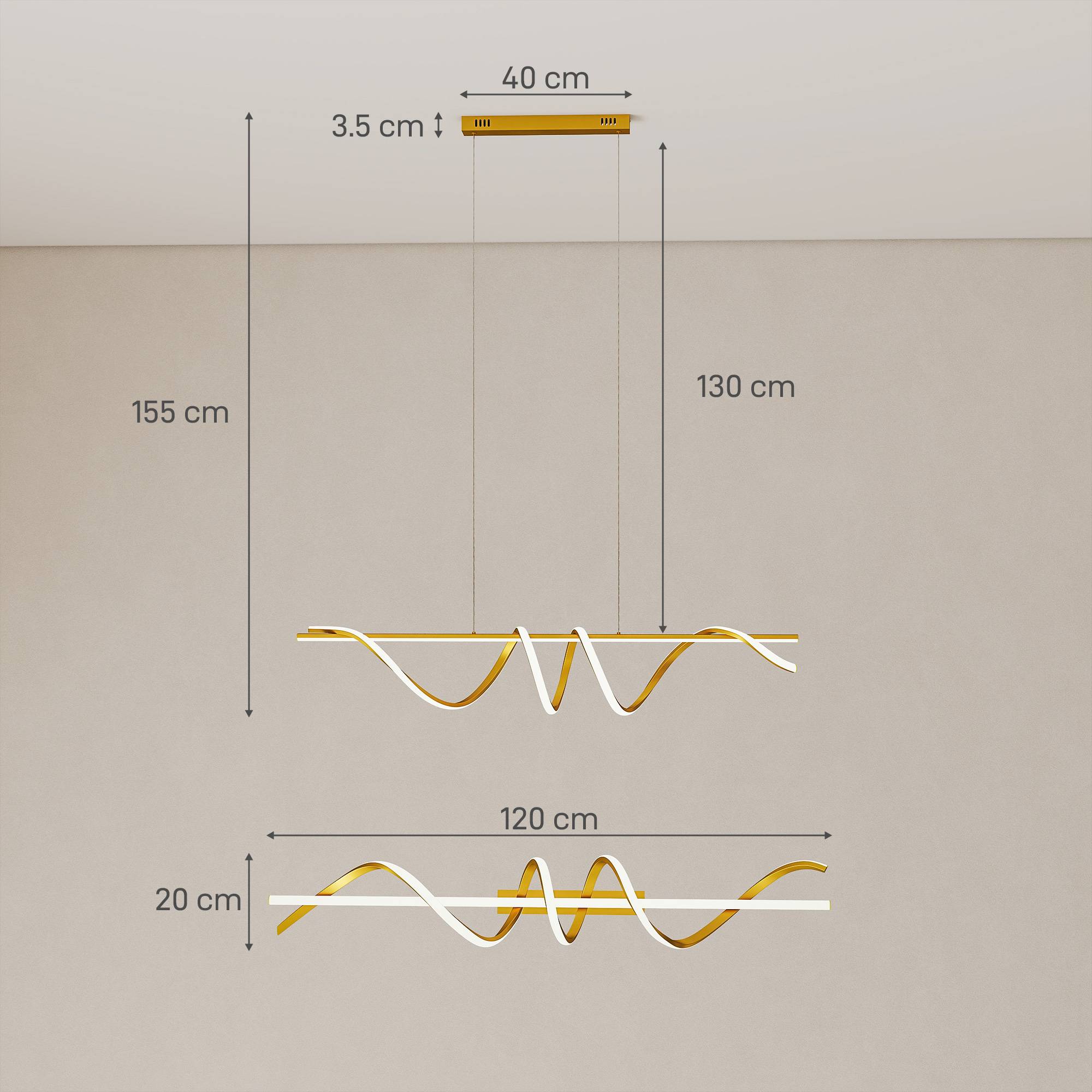 HOMCOM LED Dimmable Height Adjustable Pendant Light - Gold Tone - Image 3
