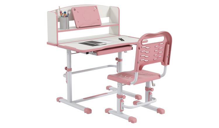 ZONEKIZ Height Adjustable Kids Desk and Chair Set with Drawer Bookshelf - Pink