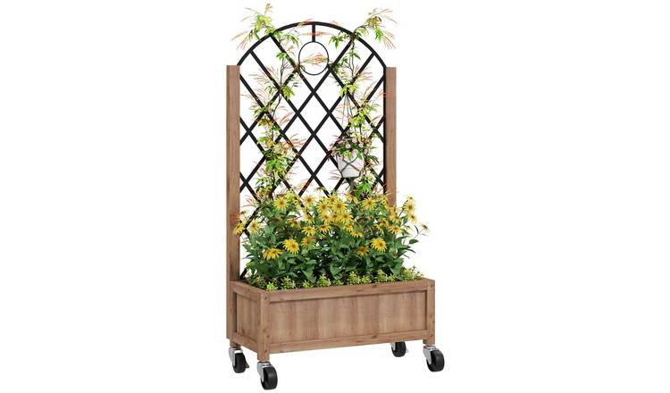 Outsunny Metal Raised Garden Bed with Trellis - Brown