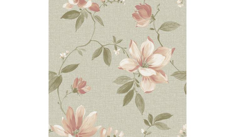 Grandeco Adeline Traditional Floral Trail Fabric Textured Wallpaper - Blush