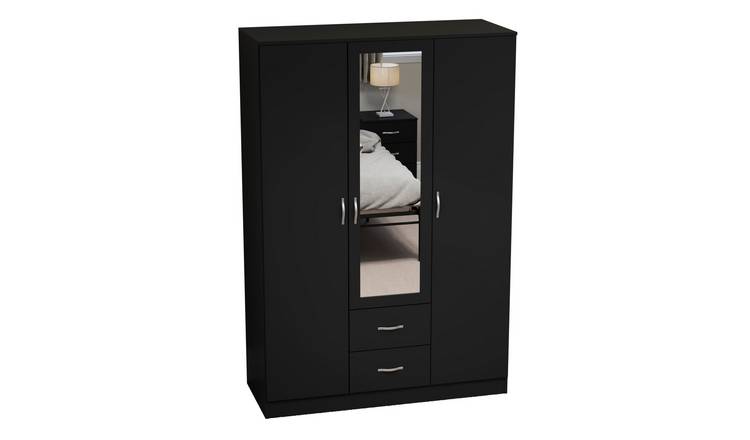 Vida Designs Riano 3 Door 2 Drawer Mirrored Wardrobe - Black