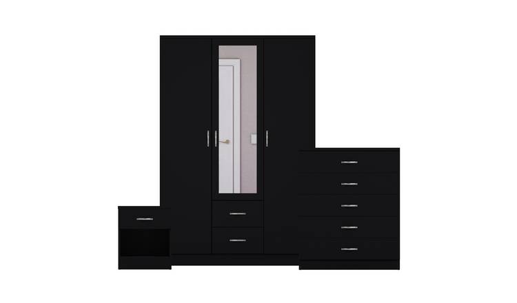 Vida Designs Riano Bedroom Set (Bedside, 5 Drawer Chest, Mirror Wardrobe)- Black