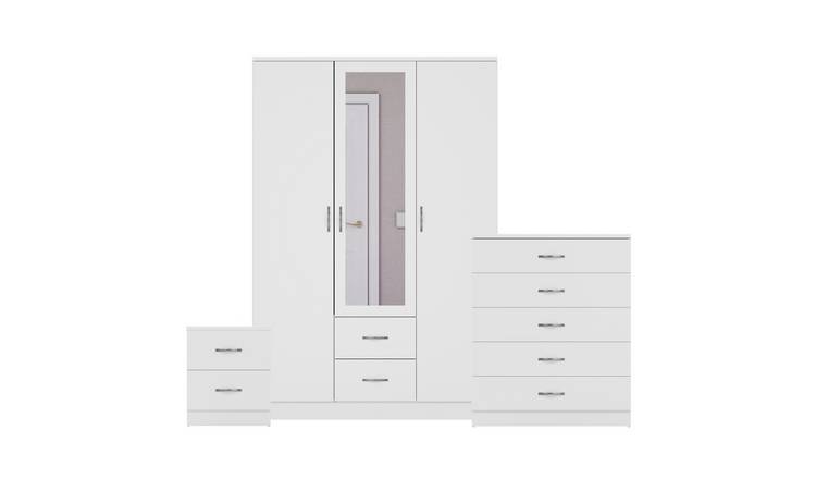 Vida Designs Riano Bedroom Set (Bedside, 5 Drawer Chest, Mirror Wardrobe)- White