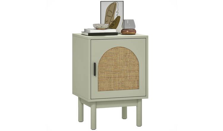HOMCOM Rattan Bedside Table with Solid Wood Legs - Light Green