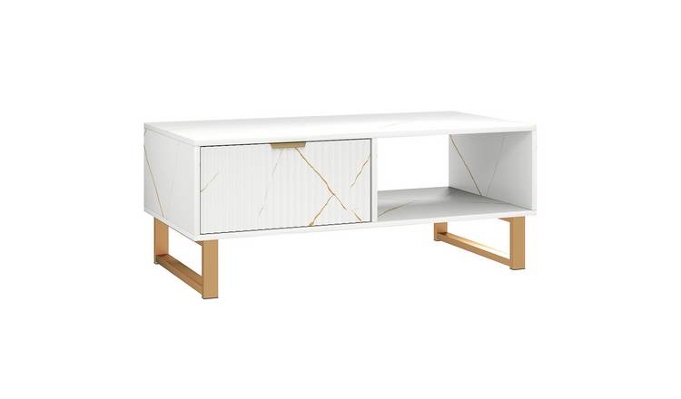 HOMCOM Marble-Effect Coffee Table with Storage - White