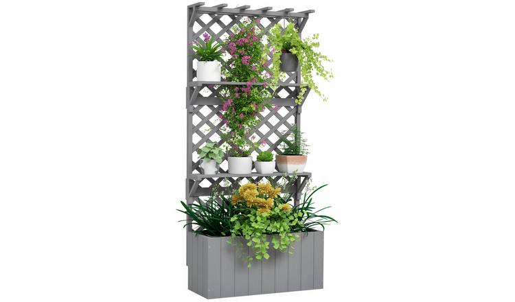 Outsunny Wooden Freestanding Garden Planters with Trellis - Grey