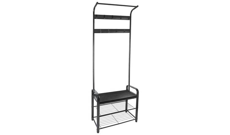 Harbour Housewares Curved Steel Coat Rack with Shoe Storage Bench - Black