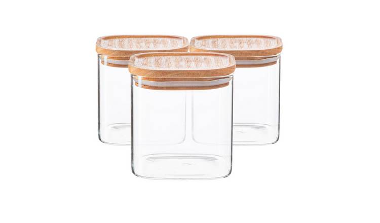Argon Tableware Square Glass Storage Jars with Wooden Lids - Pack of 3 - 680ml