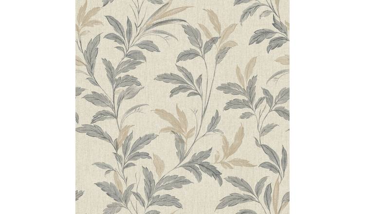 Grandeco Organic Leaf Trail Linen Textured Wallpaper - Grey Beige