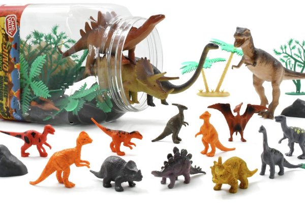 A bucket of dinosaur play figures.