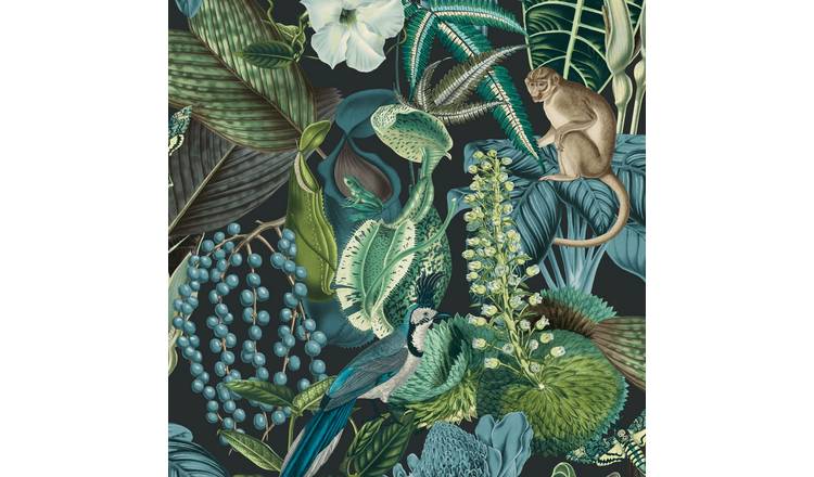 Grandeco Amazon Botanical Wildlife Jungle Textured Wallpaper - Green Blue Teal