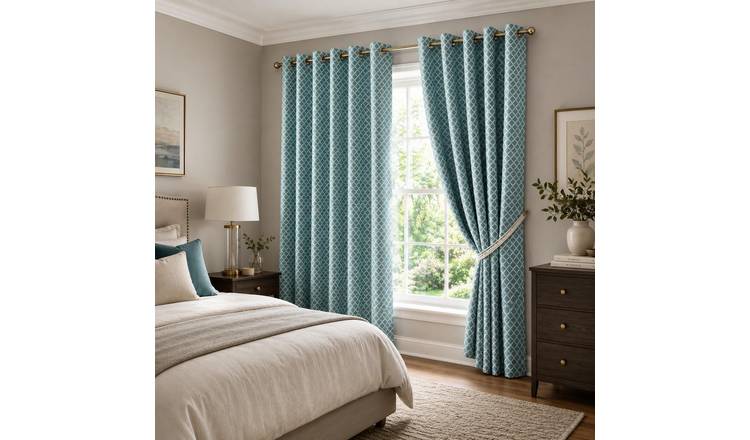Luxury Living Geometric Eyelet Lined Curtains 117cm x 229cm - Teal