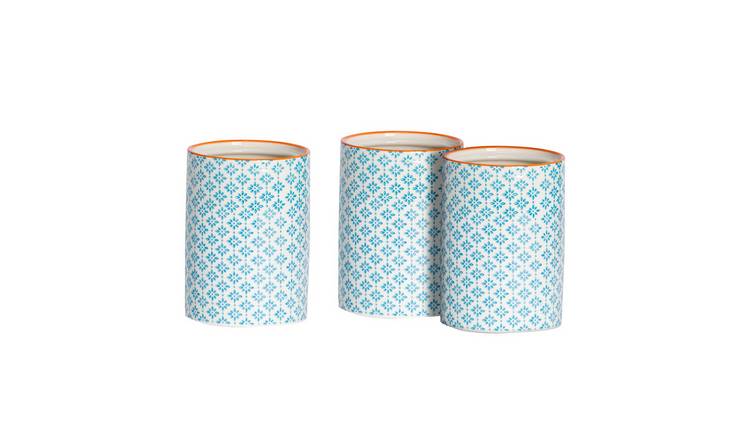 Nicola Spring Hand-Printed Kitchen Utensil Holders - Blue - Pack of 3