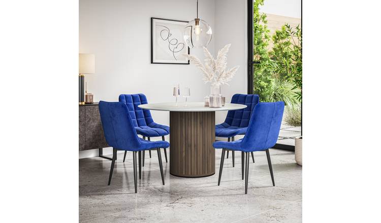 Furniture Online Arlo Nova Walnut Top w Wal Legs Dining Table & 4 Blue Chairs