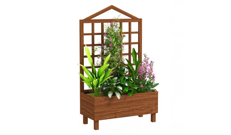 Outsunny Wooden Garden Raised Planters with Trellis - Brown