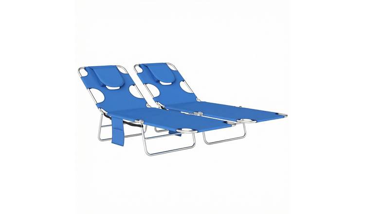 Outsunny Set of 2 Foldable Garden Sun Lounger with Reading Hole - Blue