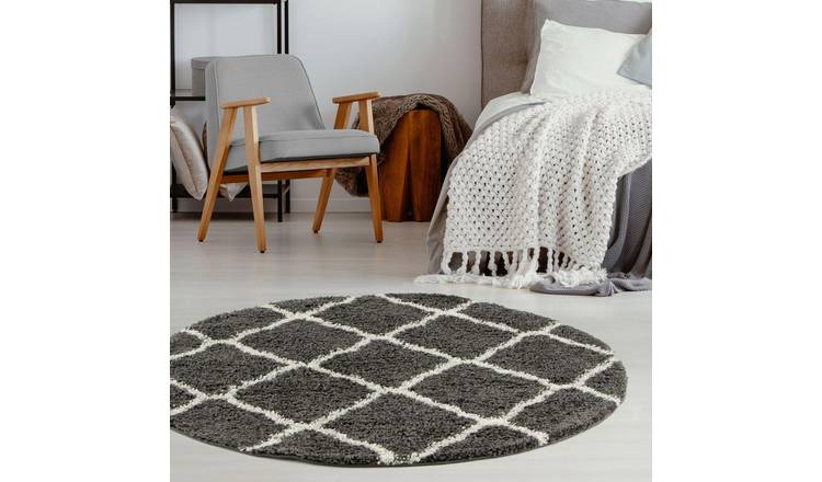 The Rugs Dark Grey Moroccan Shaggy Lattice Round Rug - 120cm