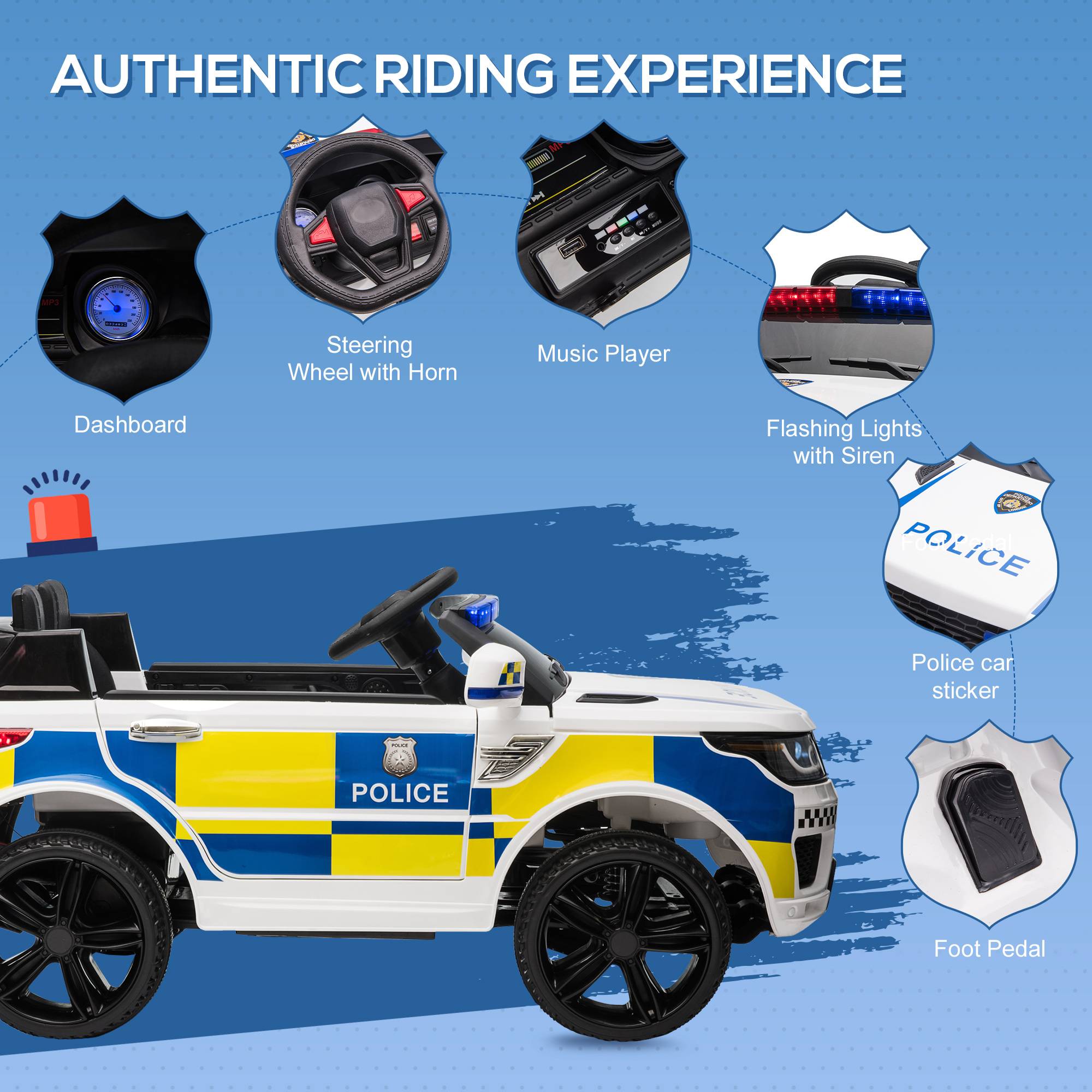 HOMCOM 12V 2 Motors 3-6 Years Remote Control Police Electric Ride on Car – White - Image 4