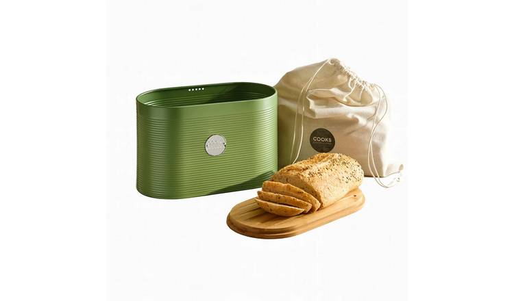 Cooks Professional Bread Bin, Linen Bag and Bamboo Board Set - Green / Silver