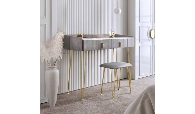 CARME Home Tokyo Glow Velvet Dressing Table With Velvet Stool- Dove Grey