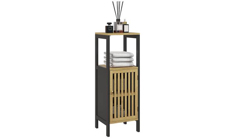 HOMCOM Bamboo Bathroom Cabinet with Compartment and Adjustable Shelf - Black