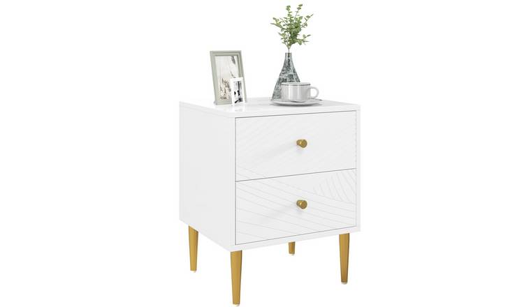 HOMCOM 2 Drawers Bedside Table with Curved Panels and Metal Legs - White