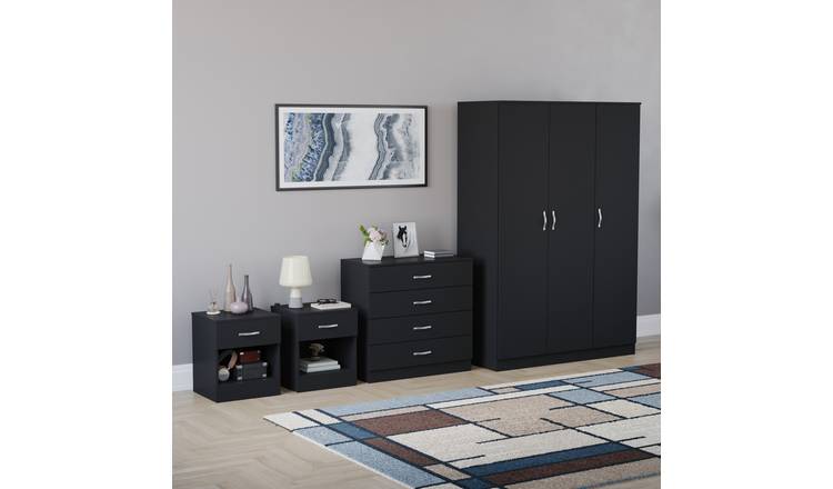 Vida Designs Riano Bedroom Set (Bedsides, 4 Drawer Chest, 3 Door Wardrobe)-Black