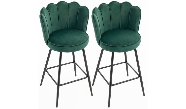 HOMCOM Set of 2 Velvet Bar Stools with Petal Backrest and Footrest - Dark Green