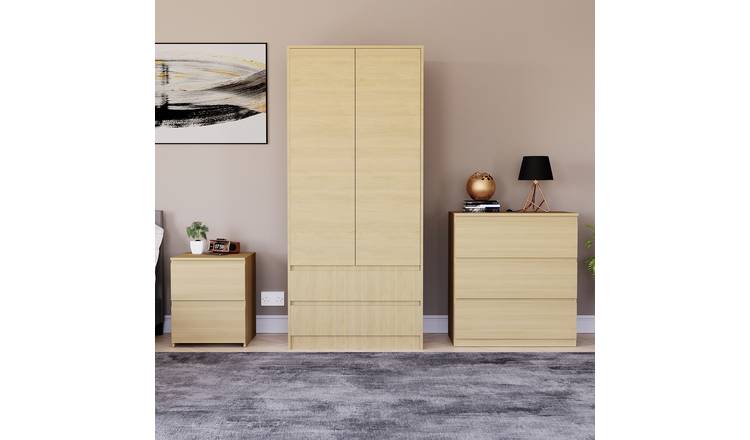 Vida Designs Denver Bedroom Set (Bedside, 3 Drawer Chest, 2x2 Wardrobe) - Pine