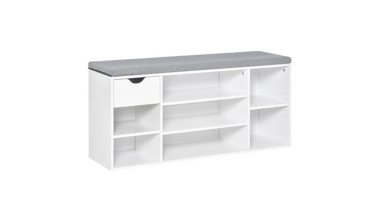 HOMCOM Shoe Bench with Seat Cushion with 7 Compartments Drawer - White