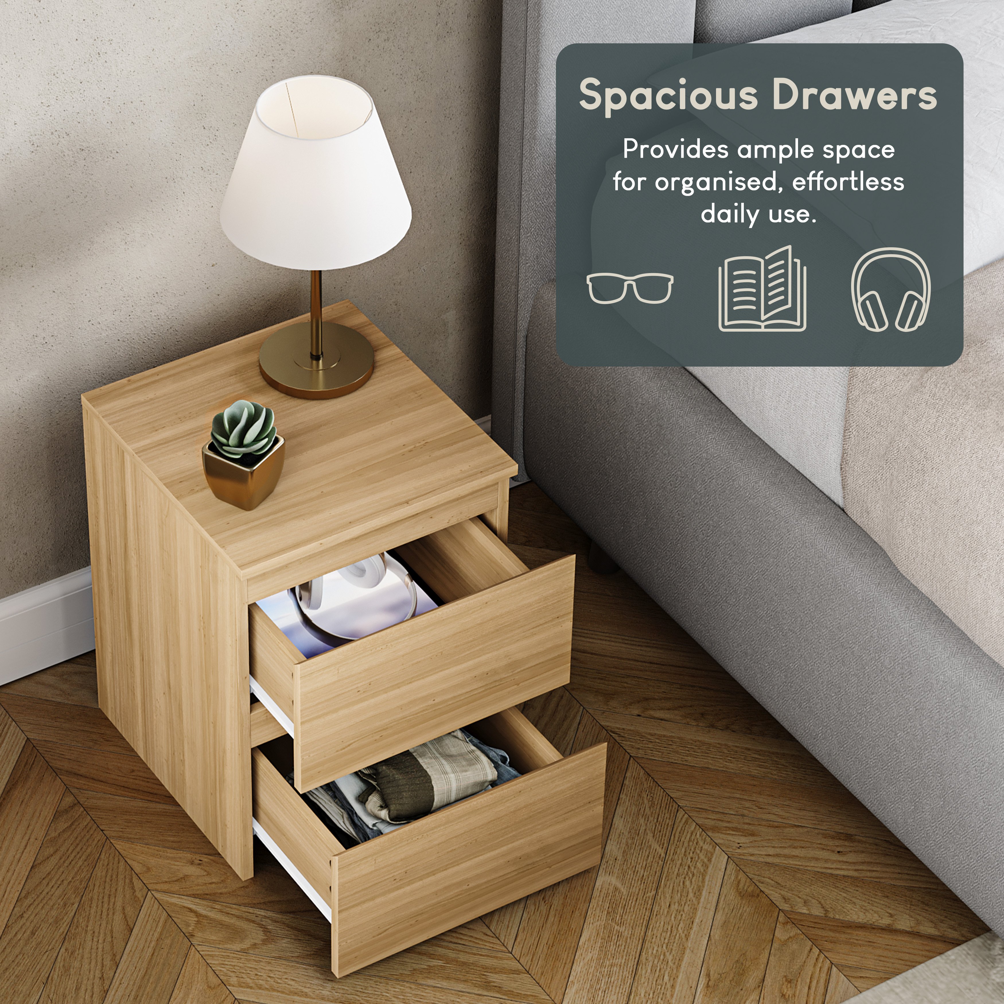 Vida Designs Denver 2 Drawer Bedside Chest - Pine - Image 4