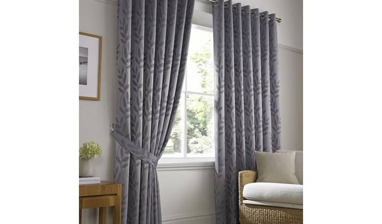Luxury Living Jacquard Leaf Lined Eyelet Curtains 229cm x 274cm - Silver