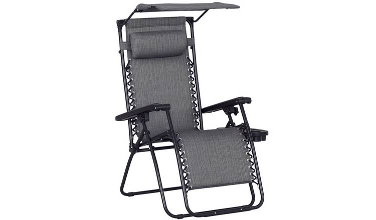 Outsunny Foldable Reclining Garden Chair with Cup Holder - Grey