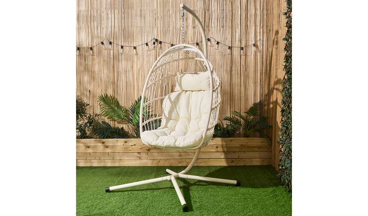 OHS Folding Garden Hanging Cushioned Egg Chair - Cream