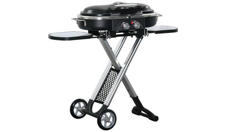 Outsunny Aluminium Foldable Garden BBQ Grill Trolley W Lid Side Shelves - Black