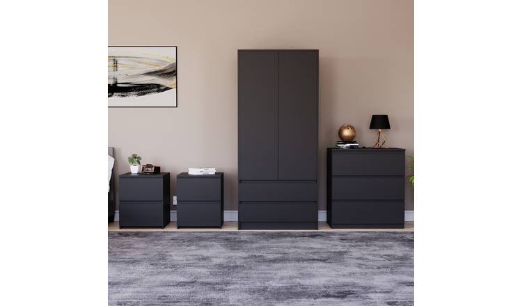 Vida Designs Denver Bedroom Set (2x Bedside, 3 Drawer Chest, Wardrobe) - Black