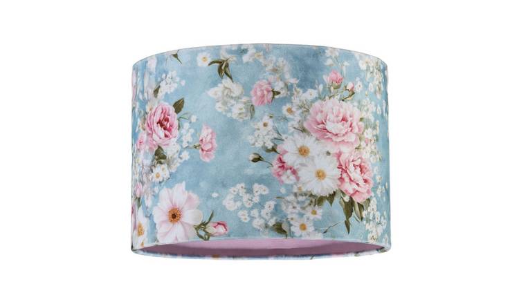 Happy Homewares Vintage Chic Sky Blue Velvet with Pink Lampshade - 25cm