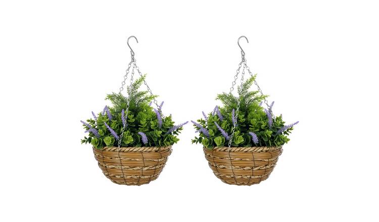 Outsunny Set of 2 Hanging Basket Artificial Lisianthus Flowers - Purple
