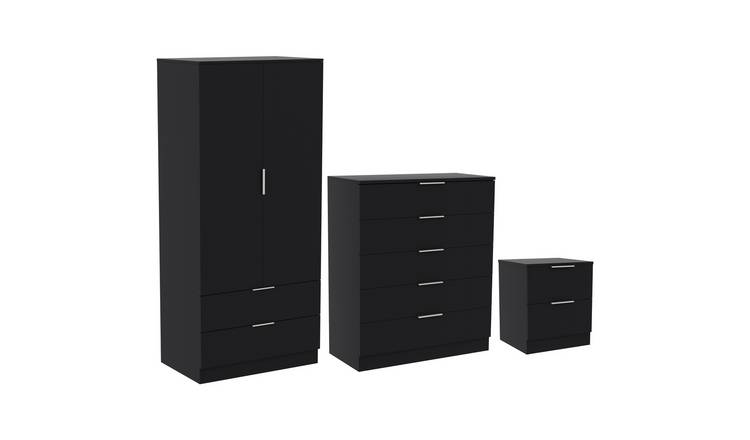 Vida Designs Trega Bedroom Set (Bedside, 5 Drawer Chest, 2x2 Wardrobe) - Black
