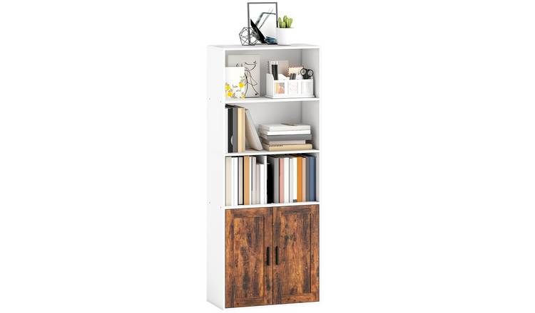 HOMCOM 5 Tier Bookcase with 2 Doors and Open Shelves - Rustic Brown