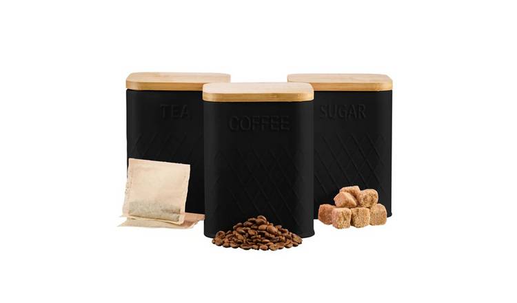 Cooks Professional 3 Piece Embossed Kitchen Storage Set with Bamboo Lids - Black