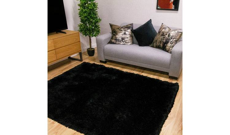 Mega Flooring Black Shaggy Plain Rug - 80 x 150cm