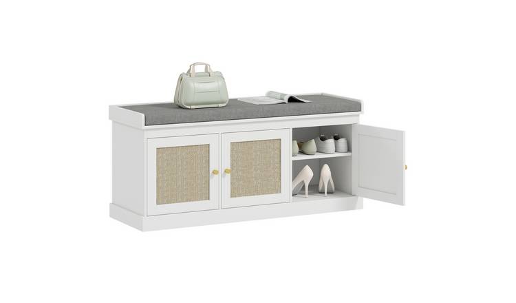 HOMCOM Shoe Bench with Woven Rattan Doors and Adjustable Shelves - White