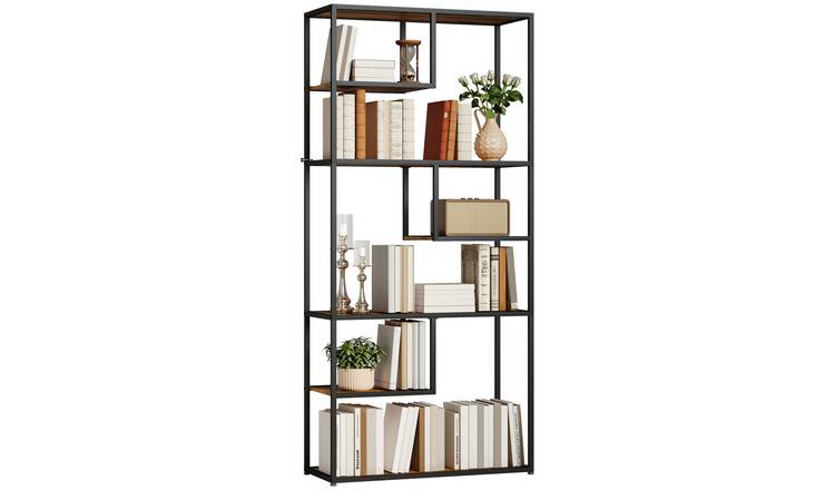 HOMCOM 6 Tier Industrial Bookcase with Storage Shelf - Rustic Brown