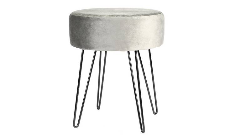 Harbour Housewares Round Velvet Footstool - Grey/Black
