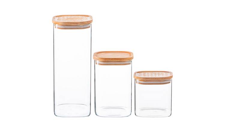 Argon Tableware 3 Piece Square Glass Storage Jars Set with Wooden Lids