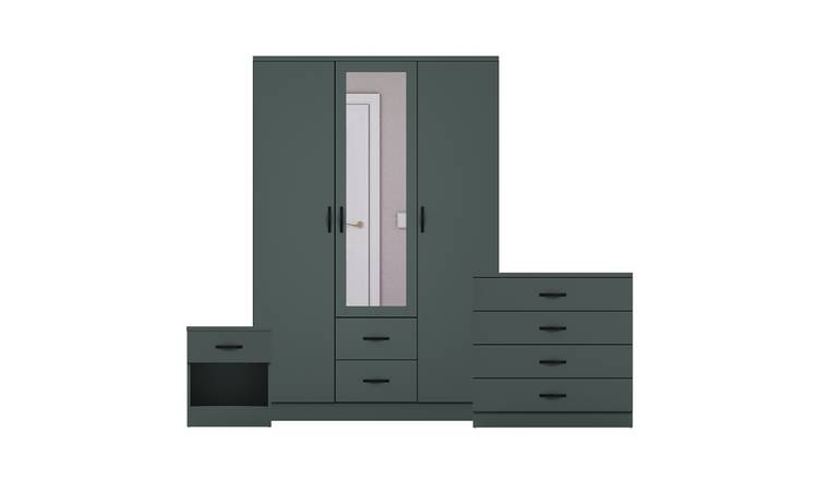 Vida Designs Riano Bedroom Set (Bedside, 4 Drawer Chest, Mirror Wardrobe)- Green
