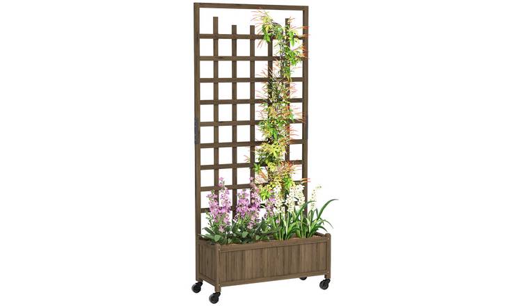 Outsunny Privacy Screen Wooden Garden Planters with Trellis - Brown